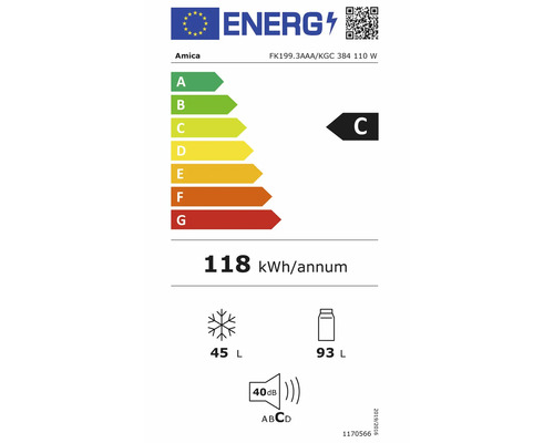 EU-Energielabel Amica FK199.3AAA/KGC 384 110 W. Klasse C, 118 Kilowattstunden pro Jahr, Gefrierfach 45 Liter, Kühlfach 93 Liter, 40 Dezibel Klasse C.