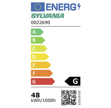 Sylvania Logo auf Energielabel der Europäischen Union, Energieeffizienzklasse G, 48 Kilowattstunden pro 1000 Stunden.