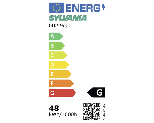 Sylvania Logo auf Energielabel der Europäischen Union, Energieeffizienzklasse G, 48 Kilowattstunden pro 1000 Stunden.