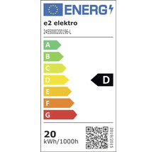 Europäisches Energielabel, e2 elektro Modell 2455000200196-L. Energieeffizienzklasse D. Energieverbrauch 20 Kilowattstunden pro 1000 Stunden.