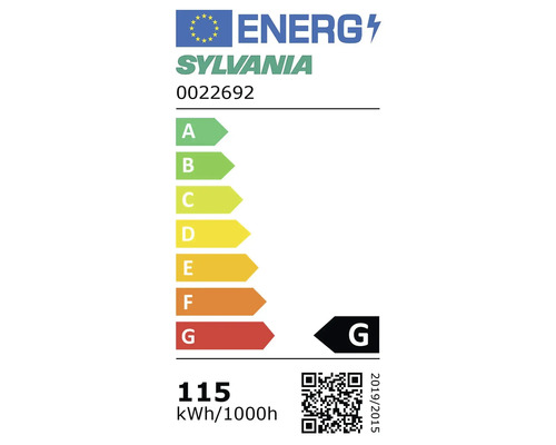 Europäisches Energielabel für Sylvania Produkte, Energieeffizienzklasse G, Energieverbrauch 115 Kilowattstunden pro 1000 Stunden.