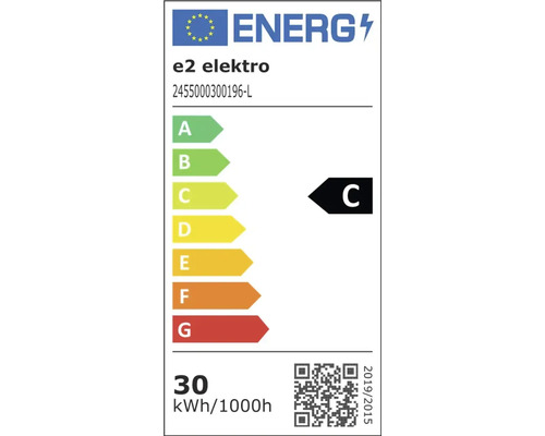 Europäisches Energielabel für e2 elektro 2455000300196-L, Energieeffizienzklasse C, Energieverbrauch 30 Kilowattstunden pro 1000 Stunden.