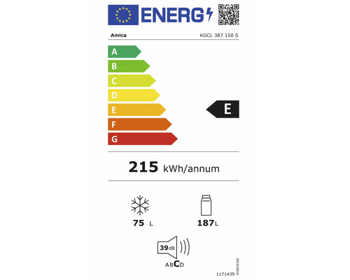 EU-Energielabel für Amica KGCL 387 150 S, Energieeffizienzklasse E, 215 Kilowattstunden pro Jahr, 75 Liter Gefrierfach, 187 Liter Kühlfach, 39 Dezibel.