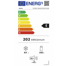 EU-Energielabel Amica FK2965.3GAA/KGCR387100B: Klasse E, 202 Kilowattstunden pro Jahr, 181 Liter Kühlen, 63 Liter Gefrieren, 40 Dezibel.