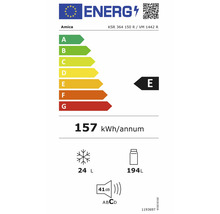 Energieetikett Amica KSR 364 150 R. Klasse E. 157 Kilowattstunden pro Jahr. Gefrierfach 24 Liter, Kühlfach 194 Liter. Geräusch 41 Dezibel, Klasse C.