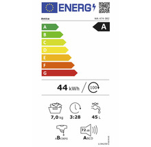 EU-Energielabel für Waschmaschine Amica WA 474 082, Energieeffizienzklasse A, 44 Kilowattstunden pro 100 Zyklen, 7 Kilogramm, 45 Liter, 72 Dezibel.