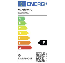 Energielabel für e2 elektro Modell 2456000090196-L, Energieeffizienzklasse F auf einer Skala von A bis G, 9 Kilowattstunden pro 1000 Stunden.