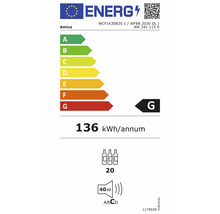 EU-Energielabel für Amica Weinkühlschrank, Energieeffizienzklasse G, 136 Kilowattstunden pro Jahr, Kapazität 20 Flaschen, Geräuschpegel 40 Dezibel.
