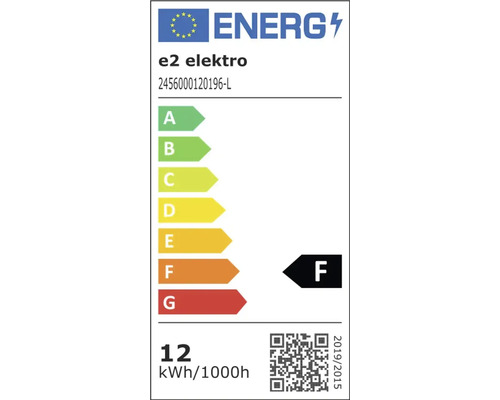 Europäisches Energielabel von e2 elektro, Energieeffizienzklasse F, Energieverbrauch 12 Kilowattstunden pro 1000 Stunden.