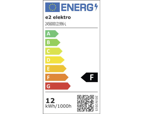 EU-Energielabel von e2 elektro, Modell 2456000121996-L, Energieeffizienzklasse F, Energieverbrauch 12 Kilowattstunden pro 1000 Stunden.