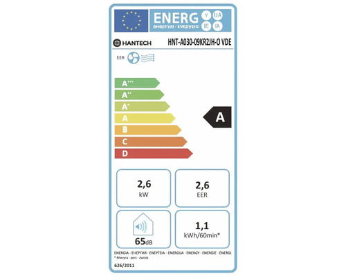 EU Energielabel für Hantech Klimagerät HNT-A030-09KR2JH-O VDE, Energieeffizienzklasse A, Kühlleistung 2,6 Kilowatt, Schallleistung 65 Dezibel.