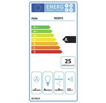 Europäisches Energielabel PKM 9039Y1: Klasse A, 25 Kilowattstunden pro Jahr, Fluiddynamik B, Beleuchtung A, Fettabscheidung D, 52 Dezibel.