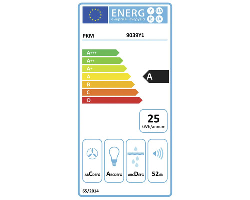 Europäisches Energielabel PKM 9039Y1: Klasse A, 25 Kilowattstunden pro Jahr, Fluiddynamik B, Beleuchtung A, Fettabscheidung D, 52 Dezibel.