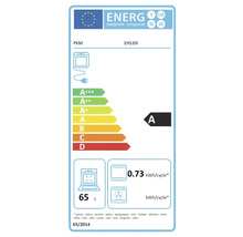 Europäisches Energielabel für Backofen PKM EHS3IX, Energieeffizienzklasse A, Energieverbrauch 0,73 Kilowattstunden pro Zyklus, Volumen 65 Liter.