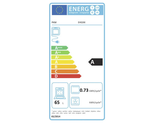 Europäisches Energielabel für Backofen PKM EHS3IX, Energieeffizienzklasse A, Energieverbrauch 0,73 Kilowattstunden pro Zyklus, Volumen 65 Liter.