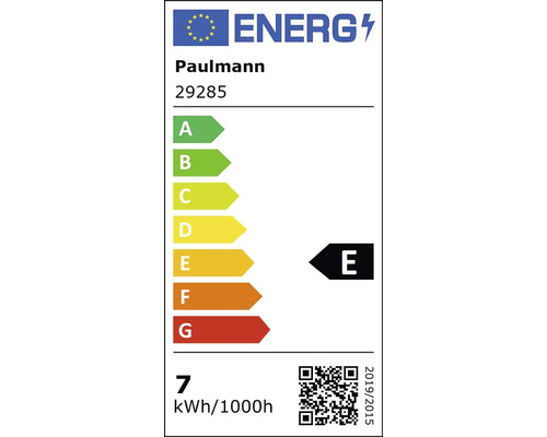 EU-Energielabel für Paulmann 29285. Energieeffizienzklasse E. Energieverbrauch 7 Kilowattstunden pro 1000 Stunden.