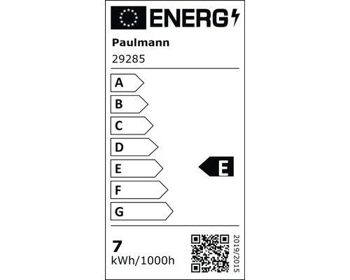 Europäische Union Energielabel für Paulmann 29285, Energieeffizienzklasse E, Energieverbrauch 7 Kilowattstunden pro 1000 Stunden.