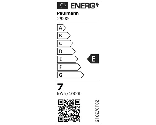 Energielabel Paulmann Modell 29285. Energieeffizienzklasse E auf einer Skala von A bis G. Energieverbrauch 7 Kilowattstunden pro 1000 Stunden.