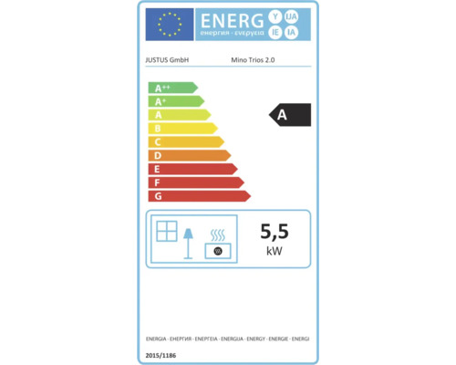 EU-Energielabel für Kaminofen JUSTUS Mino Trios 2.0, Energieeffizienzklasse A, Wärmeleistung 5,5 Kilowatt.
