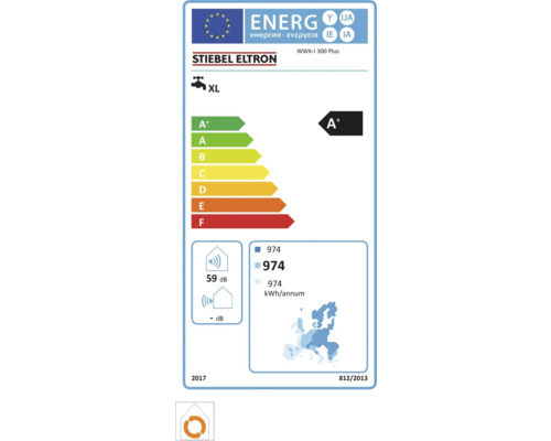 EU-Energielabel Stiebel Eltron WWK-I 300 Plus, Klasse A plus, Profil XL, innen 59 Dezibel, Verbrauch 974 Kilowattstunden pro Jahr.