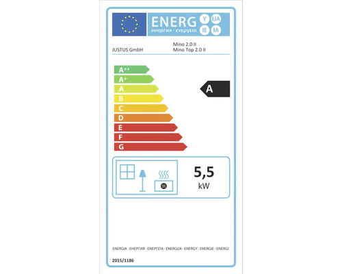 Europäisches Energieetikett für Justus Kaminofen Mino 2.0 II und Mino Top 2.0 II, Energieeffizienzklasse A, 5,5 Kilowatt.