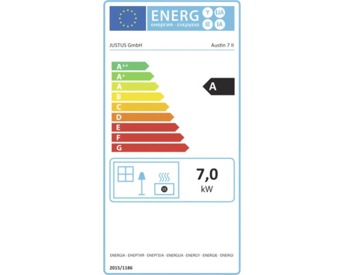 EU-Energielabel für Justus Austin 7 II, Energieeffizienzklasse A, Wärmeleistung 7,0 Kilowatt.