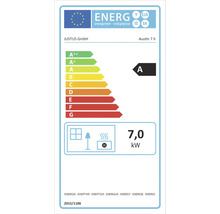 Energielabel der Europäischen Union für JUSTUS Austin 7 II, Energieeffizienzklasse A, Nennwärmeleistung 7,0 Kilowatt.