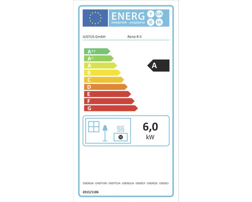 Europäisches Energielabel für JUSTUS Reno R II mit Energieeffizienzklasse A und einer Wärmeleistung von 6,0 Kilowatt.