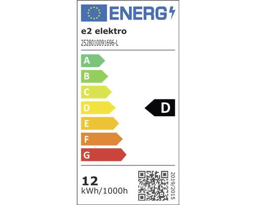 Europäisches Energielabel der Marke e2 elektro, Energieeffizienzklasse D, Energieverbrauch 12 Kilowattstunden pro 1000 Stunden.