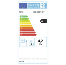 ROWI Logo, EU Energielabel für Heizgerät HGO 4200/4 BFT, Energieeffizienzklasse A, Wärmeleistung 4,2 Kilowatt.