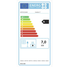 EU Energielabel für den Kaminofen JUSTUS Usedom 7 mit Energieeffizienzklasse A und einer Wärmeleistung von 7,0 Kilowatt.