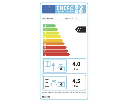 EU-Energielabel für JUSTUS Faro Aqua 2.0 II, Energieeffizienzklasse A plus, direkte Wärmeleistung 4,0 Kilowatt, indirekte 4,5 Kilowatt.