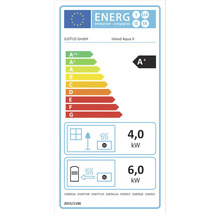 EU Energielabel Justus Island Aqua II, Energieeffizienzklasse A plus, 4,0 Kilowatt direkte und 6,0 Kilowatt indirekte Wärmeleistung.