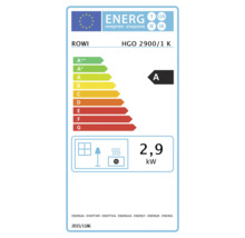 Energielabel der Europäischen Union für Rowi HGO 2900/1 K, Energieeffizienzklasse A, Wärmeleistung 2,9 Kilowatt.
