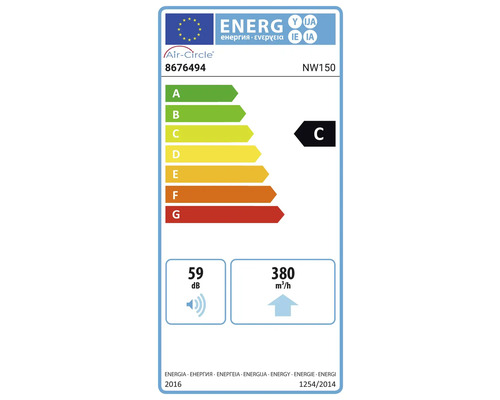 Air-Circle Logo, Energielabel der Europäischen Union für Modell 8676494 NW150, Energieeffizienzklasse C, 59 Dezibel, 380 Kubikmeter pro Stunde.
