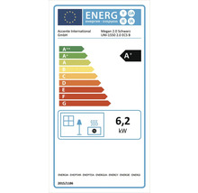 Europäisches Energielabel für Kaminofen Accente International Megan 2.0 mit Energieeffizienzklasse A plus und 6,2 Kilowatt Wärmeleistung.