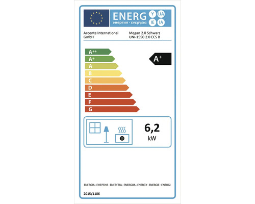 Europäisches Energielabel für Kaminofen Accente International Megan 2.0 mit Energieeffizienzklasse A plus und 6,2 Kilowatt Wärmeleistung.