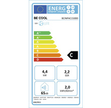 EU-Energielabel Be Cool BCINPAC15000, Klasse C, 4,4 Kilowatt, 2,2 EER, 65 Dezibel, 2,0 Kilowattstunden pro 60 Minuten.