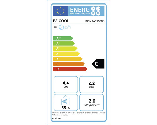 EU-Energielabel Be Cool BCINPAC15000, Klasse C, 4,4 Kilowatt, 2,2 EER, 65 Dezibel, 2,0 Kilowattstunden pro 60 Minuten.