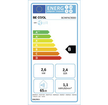 BE COOL BCINPAC9000 Energielabel der Europäischen Union: Klasse B, 2,6 Kilowatt Kühlung, EER 2,4, 65 Dezibel, 1,1 Kilowattstunden pro 60 Minuten.