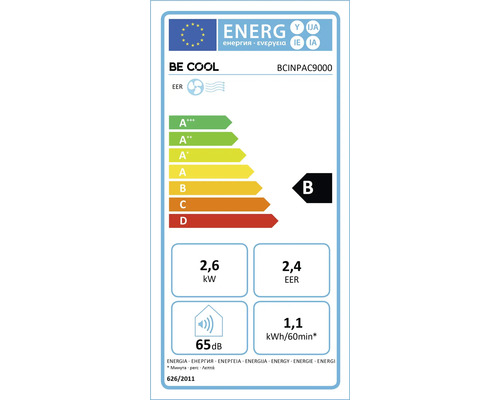 BE COOL BCINPAC9000 Energielabel der Europäischen Union: Klasse B, 2,6 Kilowatt Kühlung, EER 2,4, 65 Dezibel, 1,1 Kilowattstunden pro 60 Minuten.