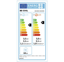 EU-Energielabel BE COOL BCSINV12KSWW. Kühlen: Klasse A plus, 3,5 Kilowatt. Heizen: Klasse A plus plus, 3,0 Kilowatt. Geräuschpegel: 64 Dezibel.