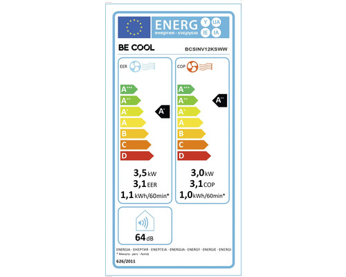 EU-Energielabel BE COOL BCSINV12KSWW. Kühlen: Klasse A plus, 3,5 Kilowatt. Heizen: Klasse A plus plus, 3,0 Kilowatt. Geräuschpegel: 64 Dezibel.