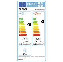 Energieetikett BE COOL BCSINV12KSGW. Kühlen A plus, 3,5 Kilowatt. Heizen A plus plus, 3,0 Kilowatt. 64 Dezibel.