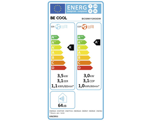 Energieetikett BE COOL BCSINV12KSGW. Kühlen A plus, 3,5 Kilowatt. Heizen A plus plus, 3,0 Kilowatt. 64 Dezibel.