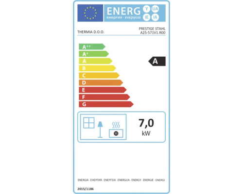 Energielabel für Thermia DOO Prestige Stahl A25-571V1 R00, Energieeffizienzklasse A, Nennwärmeleistung 7,0 Kilowatt.