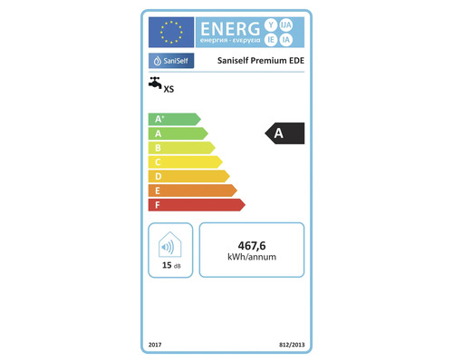 EU Energielabel für SaniSelf Premium EDE, Energieeffizienzklasse A, 467,6 Kilowattstunden pro Jahr, 15 Dezibel, Lastprofil extra klein.