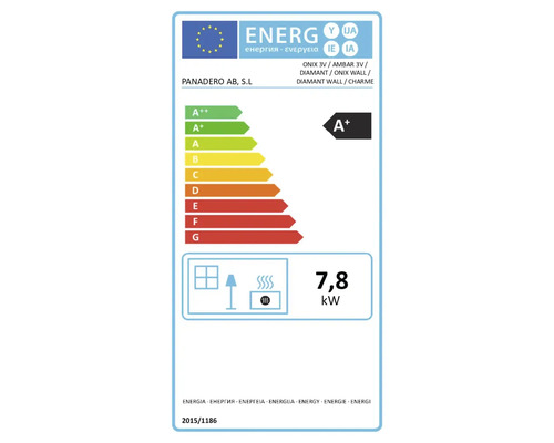 EU-Energielabel für Panadero Kaminöfen mit der Energieeffizienzklasse A plus und einer Nennwärmeleistung von 7,8 Kilowatt.