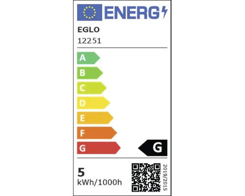 Europäisches Energielabel für EGLO 12251, Energieeffizienzklasse G, Verbrauch 5 Kilowattstunden pro 1000 Stunden.