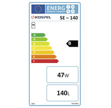 Energielabel mit Kospel Logo für SE - 140 Warmwasserspeicher, Energieeffizienzklasse B, 47 Watt Verlustleistung, 140 Liter Kapazität.